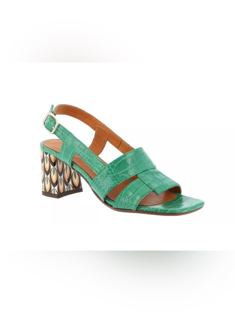 Chie Mihara Green Croc-Embossed Slingback Sandal with Patterned Block Heel